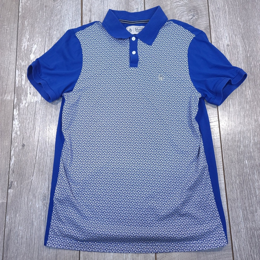 Original Penguin Polo Shirt Mens M Blue Geometric Wave Pattern Short Sleeve